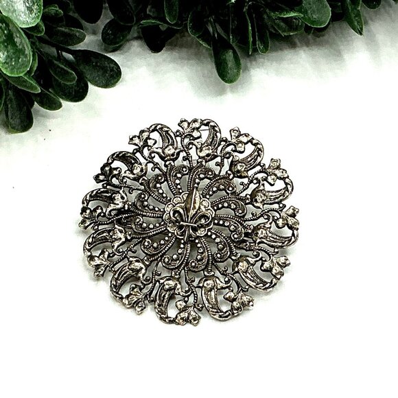 Vintage Textured Filigree Floral Burst Statement Brooch Silver Tone - Picture 2 of 5